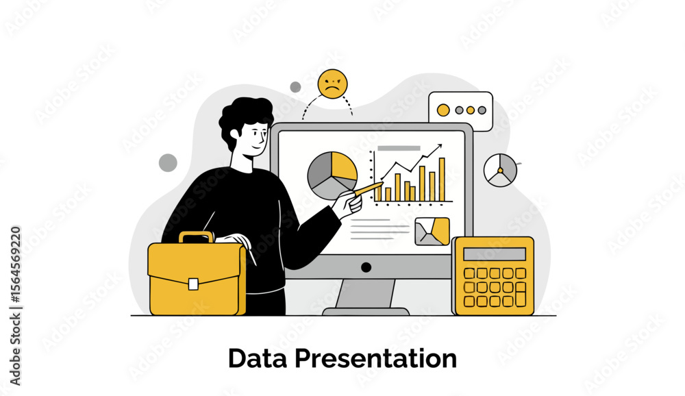Aufkleber young male professional presenting data on a monitor with charts and graphs in a modern office setti