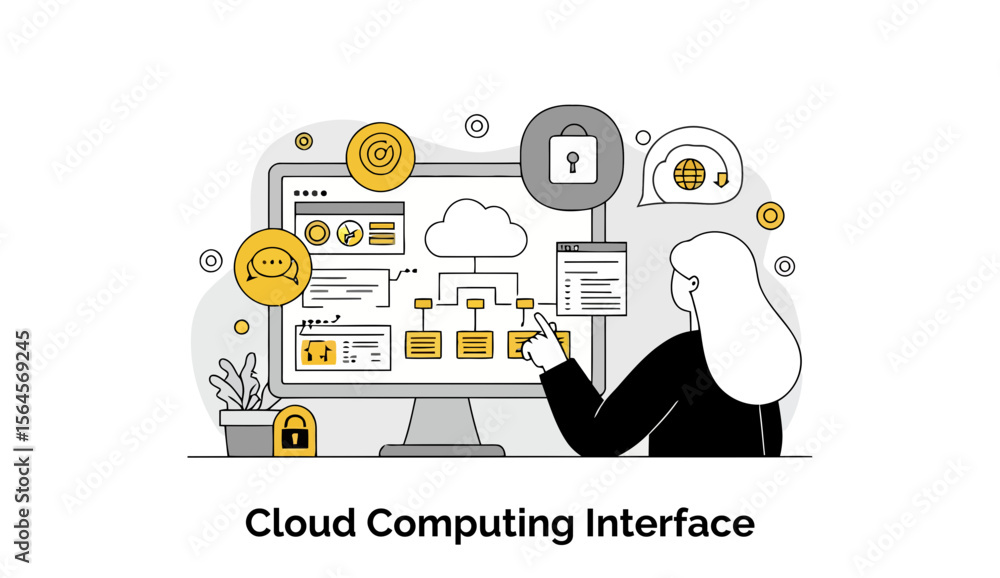 Poster female it professional reviewing a cloud computing interface at a modern office setting. she is poin