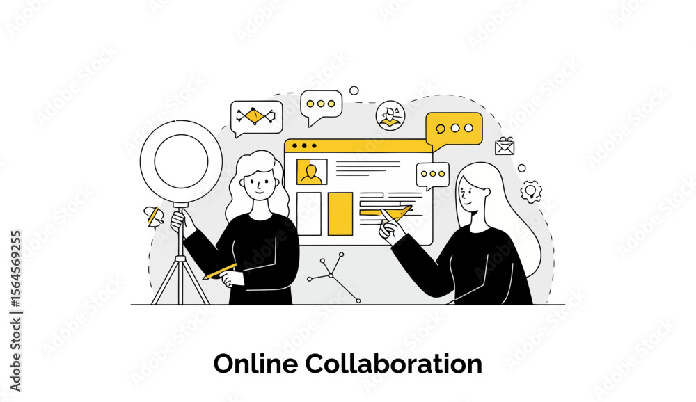 Poster two female colleagues collaborating online on a project using digital tools. they are engaged in a d