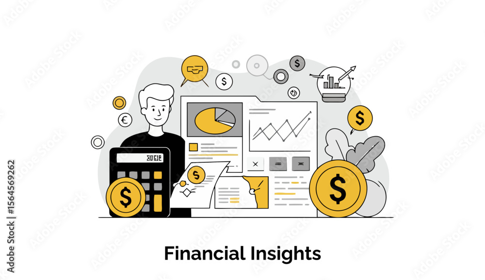 Poster young male financial analyst reviewing financial documents with graphs and charts in an office setti