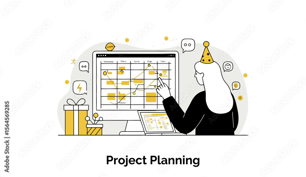 Poster female professional in business attire reviewing project planning software at home office. woman poi