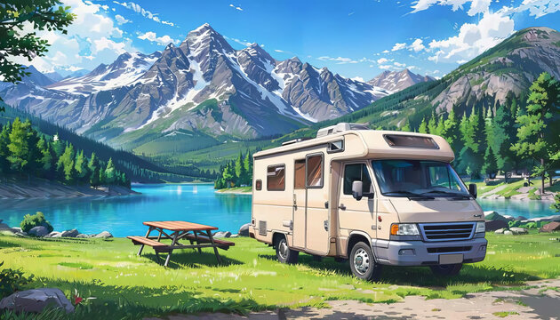 Camper van at the green grass by lake, mountain background. Traveling in a motorhome, picnics for friends and family. - Powered by Adobe