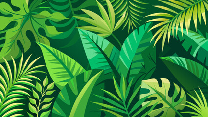 Vibrant green tropical jungle foliage with palm leaves and monstera