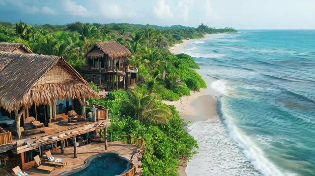 A luxurious beachfront villa boasts stunning ocean views and a private infinity pool, nestled amidst lush tropical foliage