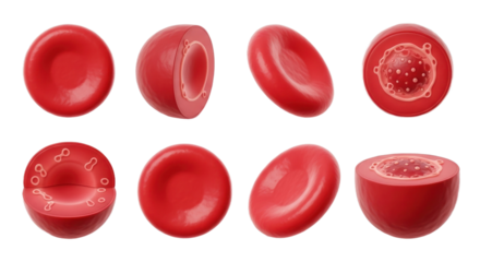 Detailed Rendering of Red Blood Cells in Various Views and Sections Isolated Transparent Background