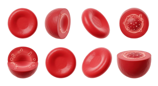 Detailed Rendering of Red Blood Cells in Various Views and Sections Isolated Transparent Background