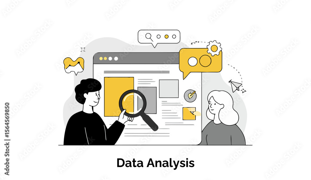 Poster young adults in casual wear examining data analysis on a computer screen in a modern office setting.