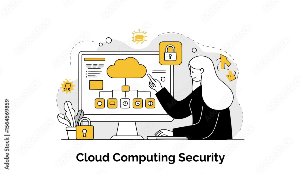 Poster female it professional in business attire interacting with a cloud computing security dashboard on a