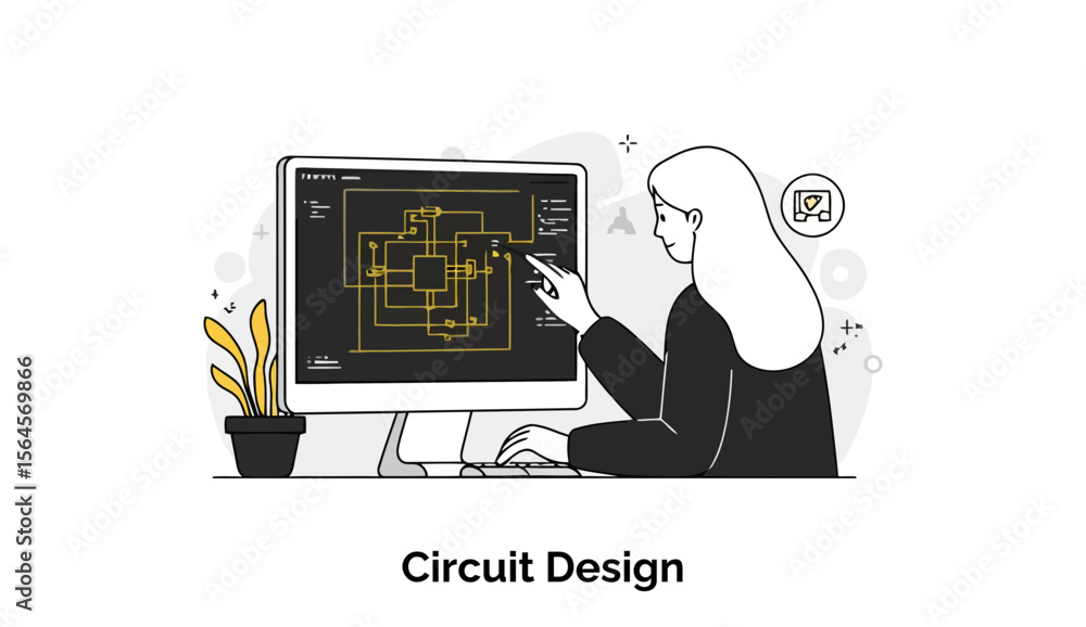 Poster female engineer in business attire reviewing circuit design on a computer monitor in an office setti