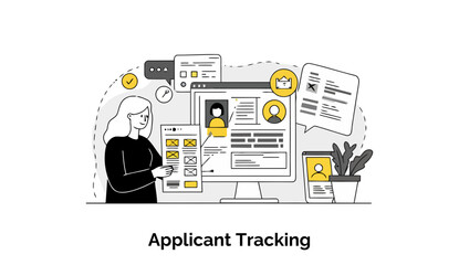 Female applicant reviewing application materials on computer in modern office setting. Woman examines applicant profiles for job recruitment at a workplace.
