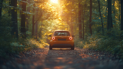 modern ev car driving through dense forest with sunlight filtering through leaves, sustainable green energy theme