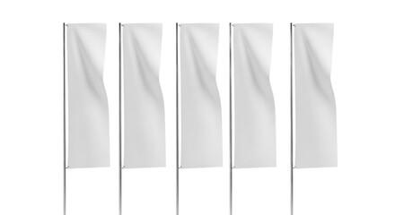 Five White Flags On Poles With Flowing Fabric Detail against Isolated Transparent Background