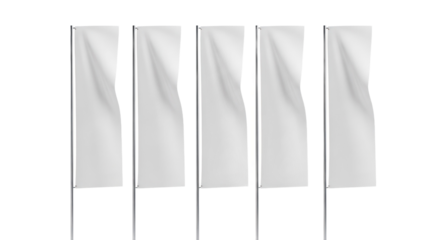 Five White Flags On Poles With Flowing Fabric Detail against Isolated Transparent Background