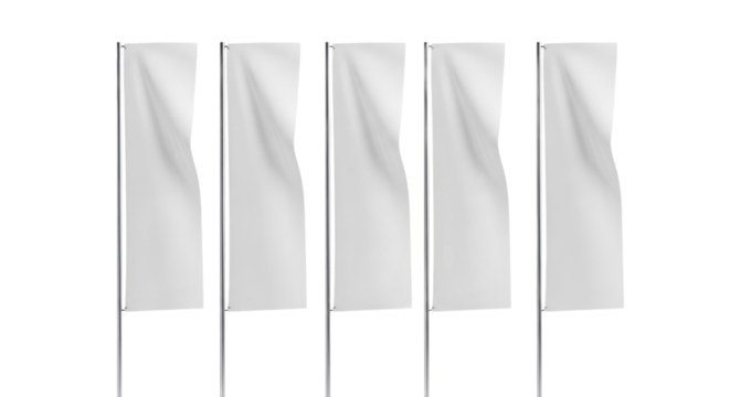 Five White Flags On Poles With Flowing Fabric Detail against Isolated Transparent Background