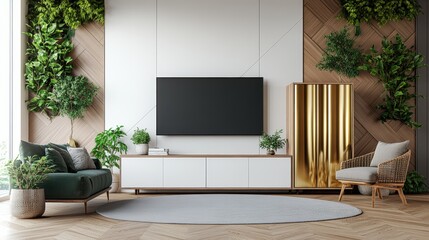 Modern living room interior with minimalist design, stylish furniture, large TV, and decorative plants
