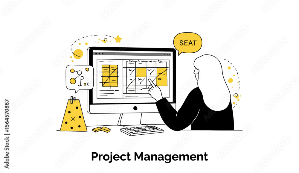 Poster female project manager reviewing project schedule on computer screen in a modern office setting. wom
