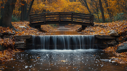 hidden waterfall flowing through autumn woodland with rustic wooden bridge and vivid fall foliage
