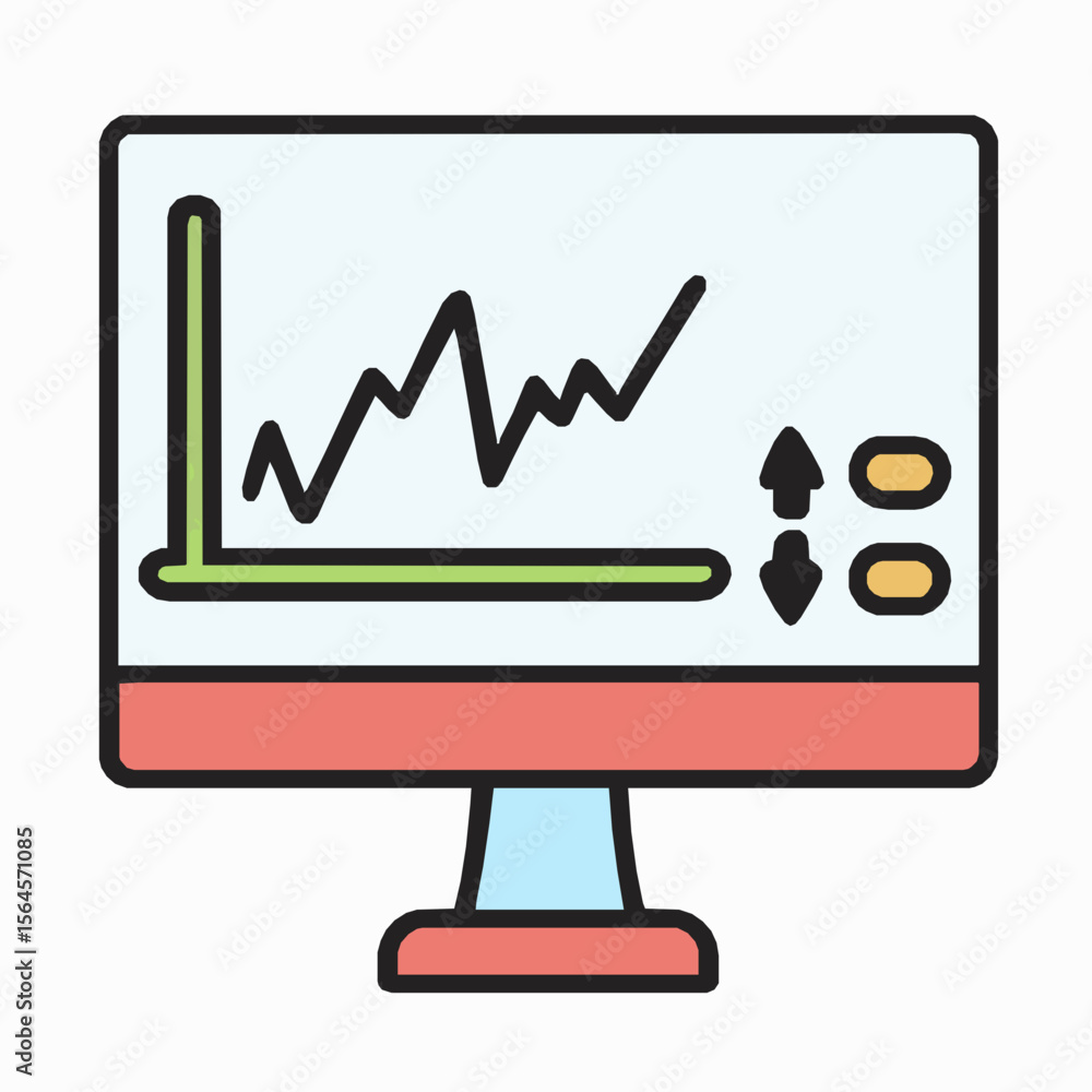Poster colorful icon of computer monitor displaying financial chart and analysis indicators