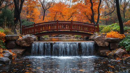 hidden waterfall flowing through autumn woodland with rustic wooden bridge and vivid fall foliage