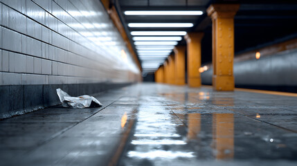 Urban subway station interior with wet floor reflecting lights, showcasing discarded paper on the ground, creating a moody and atmospheric scene of urban life
