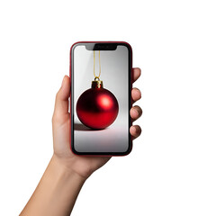 A smartphone held in a hand with Christmas ornaments like baubles and stars placed on or around it, isolated on a transparent background, blending technology with festive decor.