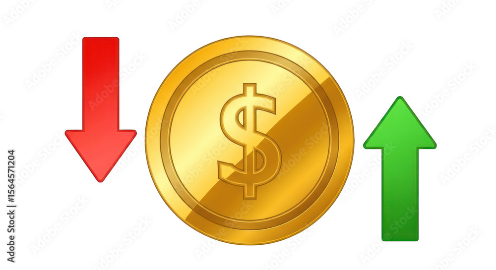 Poster golden coin depicting dollar sign with red down arrow and green up arrow isolated transparent backgr