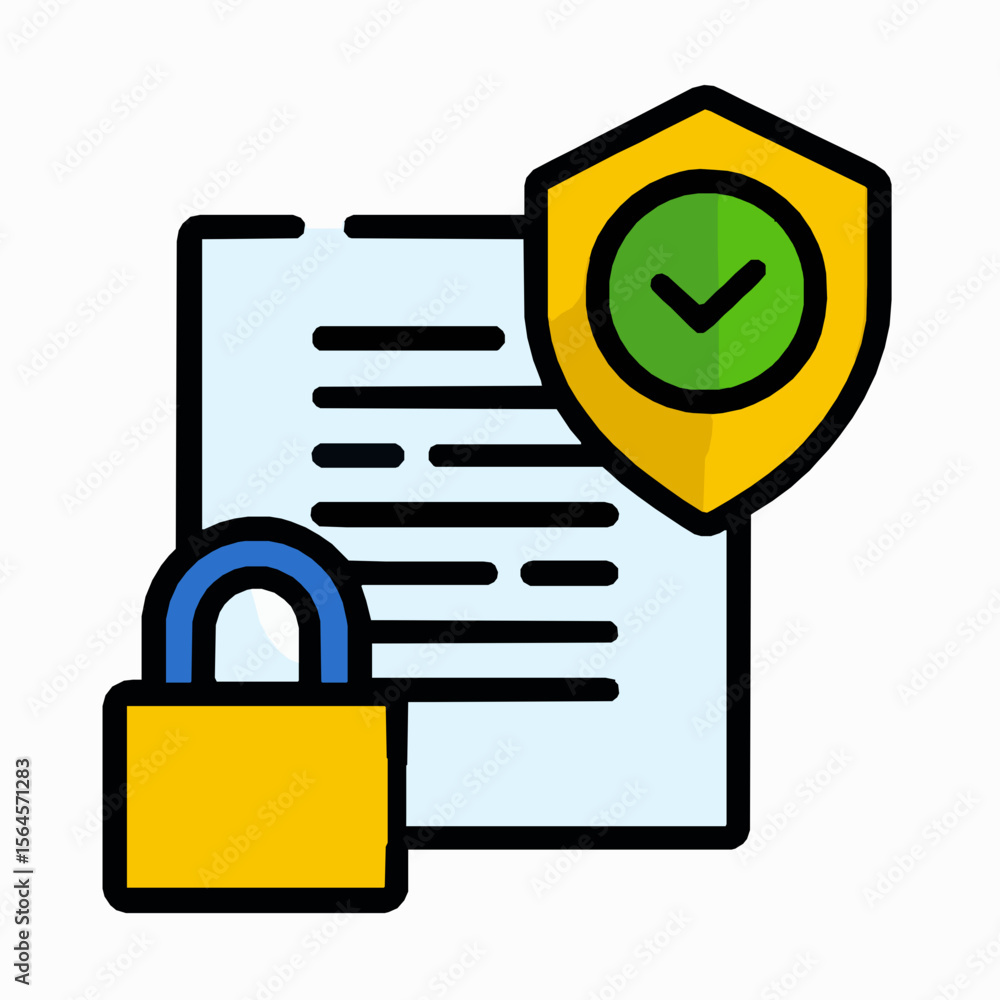 Poster secure document data privacy concept with padlock shield and green checkmark vector illustration