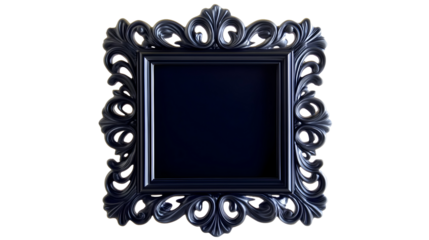 Elegant black ornate picture frame on a black background offering customization