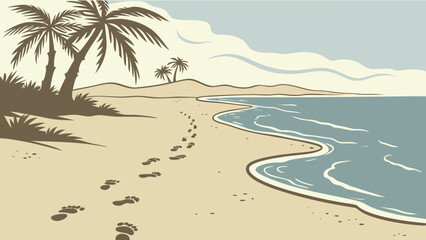 Illustration of a tropical beach with palm trees, footprints in the sand, and gentle waves lapping ashore