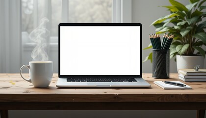 Fototapeta premium Minimalist workspace with a laptop steaming coffee and organized desk items illuminating