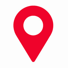 Red location pin icon representing navigation and geographical positioning on white background