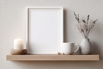 Minimalist white frame mockup on shelf with candle and mug interior design. High quality