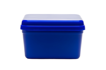 Isolated blue plastic container with white lid on black background studio shot