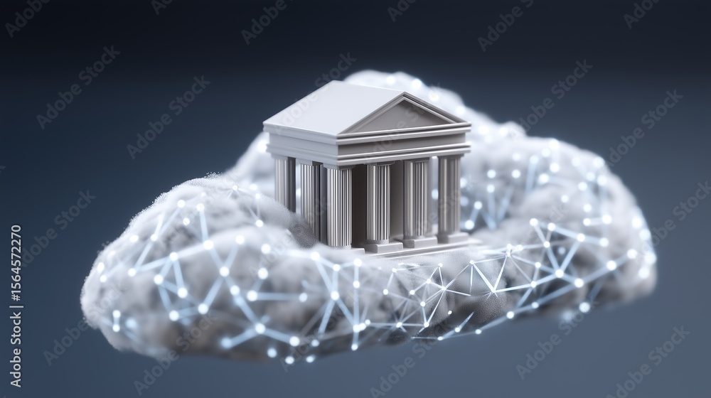Aufkleber cloud computing concept with a digital bank building on a cloud.