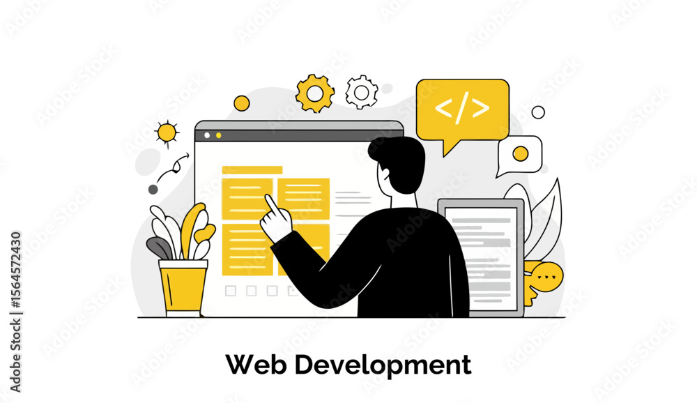 Poster young man in casual wear explaining web development concepts at a desk in a modern office. male web 