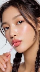 Glossy lips with pink lip gloss on young Asian woman with braided hair and smooth skin, beauty and care