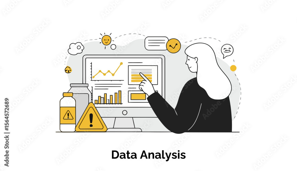 Poster female data analyst reviewing data charts on a computer screen in a modern office setting. focus on 