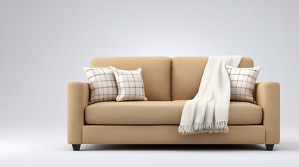 Fototapeta premium Cozy patterned sofa with decorative pillows and a blanket.