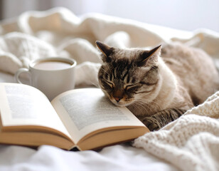 A serene cat naps peacefully beside an open book and a warm cup of coffee on a cozy bed.
