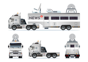 Caravan broadcast office semi truck car satellite transmission broadcasting vehicle vector set illustration