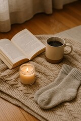 Cozy flat lay of a beige knitted blanket, open book, a ceramic mug with coffee, a flickering soy candle, and wool socks