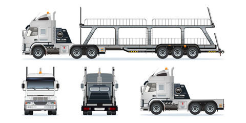 Car carrier trailer, big rig car hauler semi trailer truck transporting cars on two levels vehicle from various angles vector set illustration