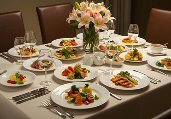 Fototapeta premium Elegant table setting with flower centerpiece featuring healthy salads