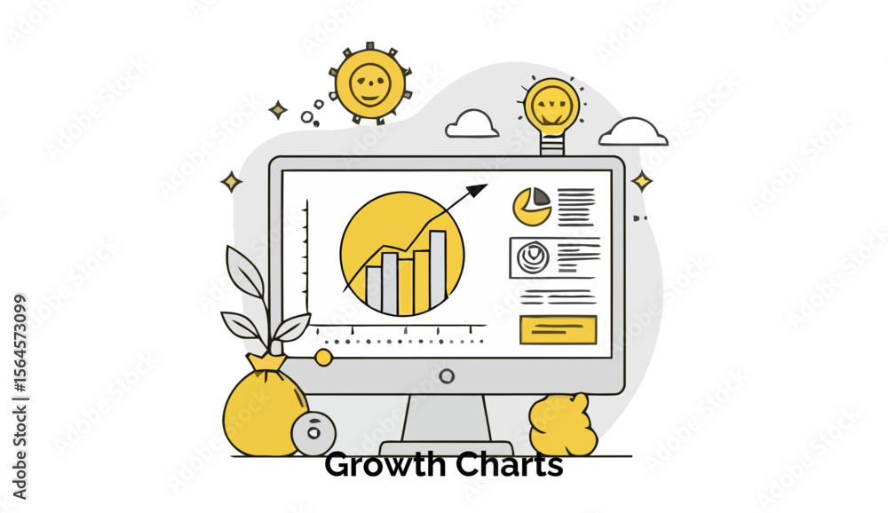 Poster growth charts displayed on a computer monitor with positive elements like a money bag, and plant. bu
