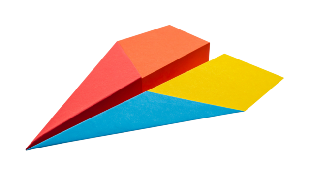 A brightly colored paper plane isolated on a transparent background