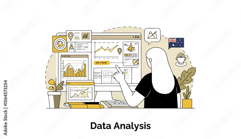 Poster a female data analyst in a black shirt is examining multiple computer screens displaying various cha