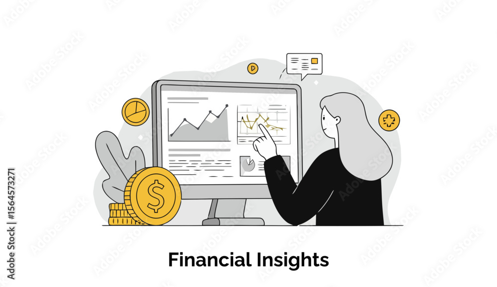 Poster female business professional analyzing financial data on a computer screen in a modern office settin