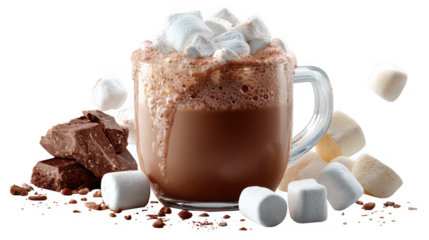 Illustration of hot chocolate with marshmallows isolated on transparent background