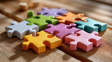 A close-up view of interconnected puzzle pieces, each in a different vibrant color