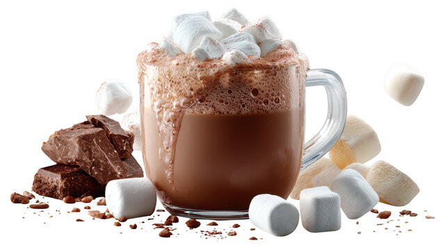 Illustration of hot chocolate with marshmallows isolated on transparent background